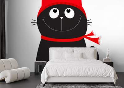 Black Cat kitten head face looking up. Kitty wearing red hat, scarf. Cute funny cartoon character. Merry Christmas. Hello winter. Flat design. White background. Wall mural