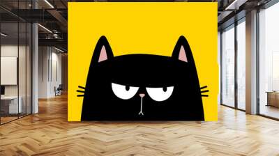 Black cat kitten kitty silhouette icon. Sad angry emotion. Cute kawaii cartoon character. Happy Valentines Day. Baby greeting card, tshirt, sticker print template. Yellow background. Flat design. Wall mural