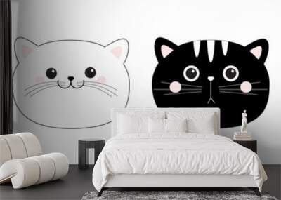 Black white cat head face line contour silhouette icon set. Funny kawaii smiling sad doodle animal. Pink blush cheeks. Cute cartoon funny character. Pet collection. Flat design Baby background. Wall mural