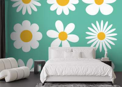 Camomile set. White daisy chamomile icon. Cute round flower plant collection. Love card symbol. Growing concept. Flat design. Green background. Isolated. Wall mural