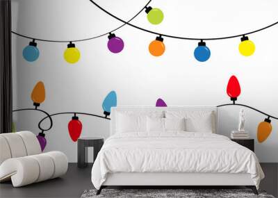 Christmas lights. Holiday festive xmas decoration. Colorful string fairy light set. Lightbulb glowing garland. Rainbow color. Flat design. White background. Isolated. Wall mural