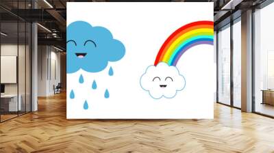 Cute cartoon kawaii sun, cloud with rain, star, rainbow icon set line. Smiling face emotion. Baby charcter collection Funny illustration. Isolated. White background Flat design. Wall mural