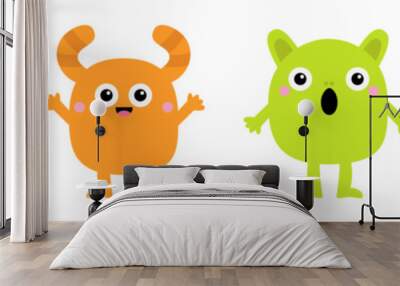 Cute monster set line banner. Happy Halloween. Colorful monsters with different emotions. Funny face head. Cartoon kawaii boo baby character. Childish collection. White background. Flat design. Wall mural