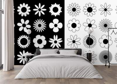 Daisy chamomile silhouette icon. Camomile super big set. Cute round flower head plant collection. Love card symbol. Growing concept. Flat design. Black White background. Isolated. Wall mural