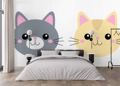 Four cat face icon set line. Cute kitten head body silhouette. Different colors. Funny kawaii cartoon baby character. Happy Valentines Day. Sticker print template. Flat design. White background. Wall mural