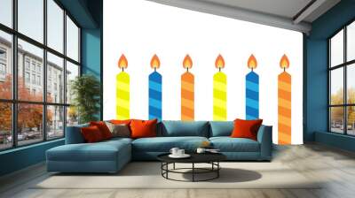 Happy Birthday candle set line banner. Different bright color. Striped burning candles with fire flame. Clip art elements for invitation, poster, birthday card. Flat design. White background. Vector Wall mural