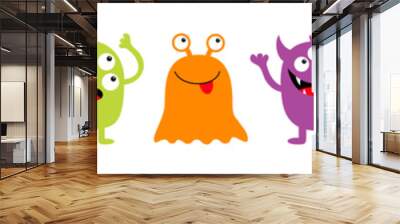 Happy Halloween. Monster colorful round silhouette icon set line. Eyes, tongue, tooth fang, hands up. Cute cartoon kawaii scary funny baby character. White background. Flat design. Wall mural