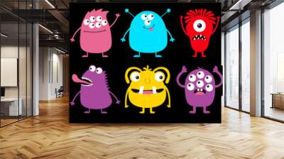 Happy Halloween. Monster colorful round silhouette icon super big set line. Cute cartoon kawaii scary funny baby character. Eyes, tongue, tooth fang, hands up. Black background. Flat design. Wall mural