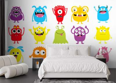 Happy Halloween. Monster colorful silhouette super big icon set. Cute kawaii cartoon scary funny baby character. Eyes, tongue, tooth fang, hands up. Flat design. White background. Wall mural