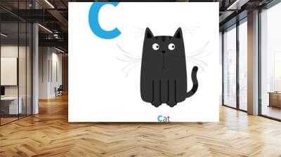 Letter C Cat black English abc with animals. Zoo alphabet. Education cards for kids Isolated White background Flat design Wall mural