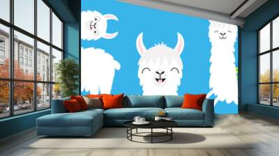 Llama alpaca big line set. Face glassess. Baby collection. Cute cartoon kawaii funny character. Fluffy hair fur. T-shirt, greeting card, poster template print. Flat design. Blue background. Wall mural