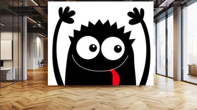 Monster head black silhouette. Happy Halloween. Two eyes, hair, showing tongue, hands up. Cute cartoon kawaii funny character. Baby kids collection. Flat design. White background. Wall mural