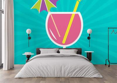 Pink cocktail glass with drinking straw and umbrella. Sunburst b Wall mural