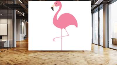 Pink flamingo. Exotic tropical bird. Zoo animal collection. Cute cartoon character. Decoration element. Flat design. White background. Isolated. Wall mural