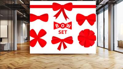 Red ribbon Christmas bow Big icon set. Decoration element for giftbox present. White background. Isolated. Flat design. Wall mural