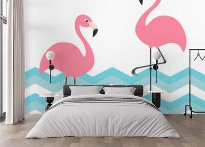 Two pink flamingo set. Blue sea ocean water zigzag wave. Exotic tropical bird. Zoo animal collection. Cute cartoon character. Decoration element. Flat design. White background. Wall mural