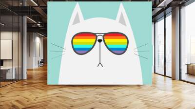 White cat wearing sunglasses eyeglasses. Rainbow color lenses. LGBT sign symbol. Cute cartoon funny character. Kitten in eyeglasses. Fashion animal. Blue background. Isolated. Flat design Wall mural