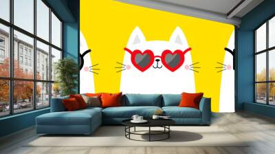 White cat wearing sunglasses eyeglasses. Round, heart square shape sunglass set. Blue black red magic lenses. Cute cartoon kawaii funny character. Kitten in eyeglass. Yellow background. Flat design Wall mural