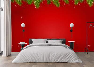 Christmas red background with branches Wall mural