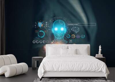 chat with AI. Artificial intelligence. The concept of accessing imagination by feeding commands to Ai to create what is in our mind with futuristic technology through the Internet. Wall mural