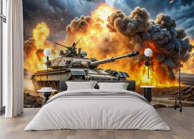 An armored tank firing on a battlefield during a war, with bombs and explosions in the background, surrounded by fire, smoke, and ash. Wall mural