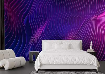 3d render, abstract background with wavy lines in neon purple and blue colors. Modern wallpaper design for digital banner or presentation Wall mural