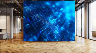 Blue digital technology background with blue light and white data lines, closeup of an abstract futuristic tech grid or circuit board with glowing connections Wall mural