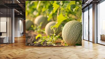 Growing fresh organic melons in the garden. Generative AI. Wall mural