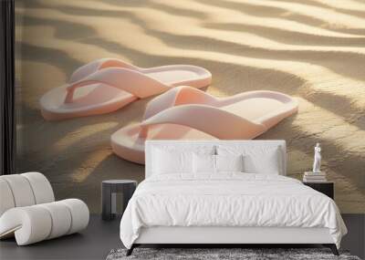 pair of light pink slippers on the golden sand beach Wall mural