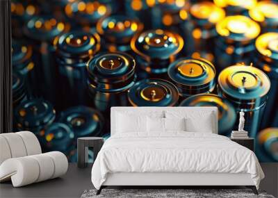 Powering the Future: A close-up of countless sleek, modern batteries, illuminated with a warm, golden light, symbolizes the potential of renewable energy and technological advancement.   Wall mural