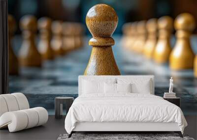 Strategic Pawn: A lone chess piece stands in focus, poised for advancement amidst the blurred ranks, symbolizing calculated risk and individual potential in the game of business.  Wall mural