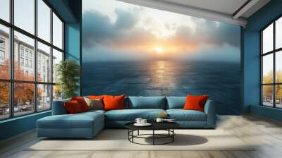 Sunrise Over the Concrete Horizon: A misty dawn breaks over an empty concrete expanse, promising a new day.  Wall mural