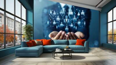 The Architect of Connections: A businessman orchestrates a network of professionals, symbolizing the power of leadership and strategic partnerships in the digital age.  Wall mural