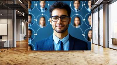 The Networked Professional: A confident businessman stands amidst a web of interconnected headshots, symbolizing networking, recruitment, and the power of professional connections.  Wall mural