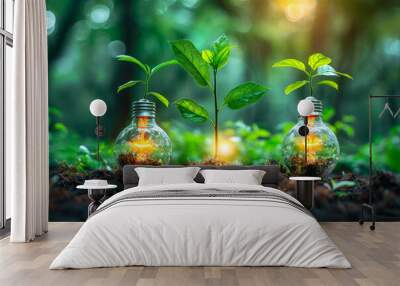 Two light bulbs with sprouting plants inside in front of a green forest background. Concept of ecofriendly energy and sustainable development Wall mural