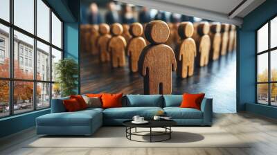 Wooden Figures: Unity in a Diverse Workforce: Wooden figures stand in a line, symbolizing unity and diversity in the workplace. A powerful image conveying the importance of a strong team.  Wall mural