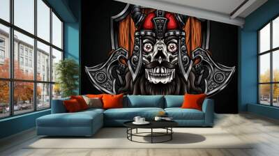 viking skull head mascot with ax vector illustration Wall mural