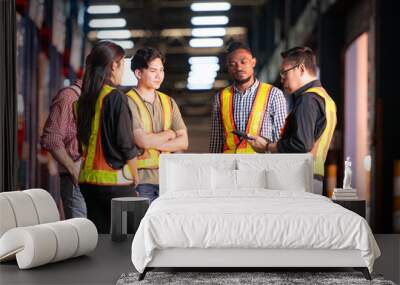 A group of warehouse employees, Inspecting products on warehouse shelves before they are sent to retailer Wall mural