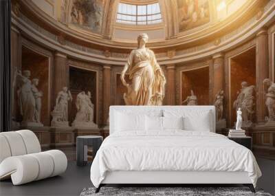 A majestic marble statue stands in a sunlit gallery surrounded by classical sculptures in a historic museum setting Wall mural