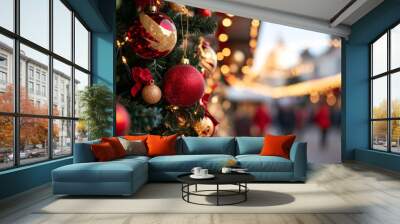 Colorful Christmas decorations adorn a festive market in the evening, creating a warm holiday atmosphere with twinkling lights Wall mural