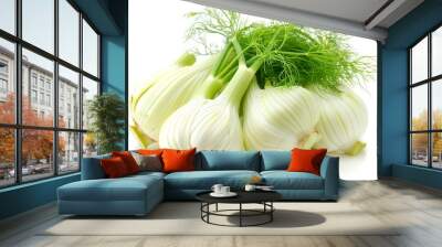 Fresh fennel bulbs with green tops on white background Wall mural