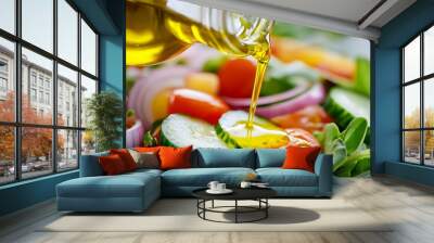 Fresh salad preparation with vibrant vegetables and olive oil drizzling on a plate during sunny daylight Wall mural