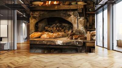 Freshly baked bread cooling on wooden counter in front of stone oven Wall mural