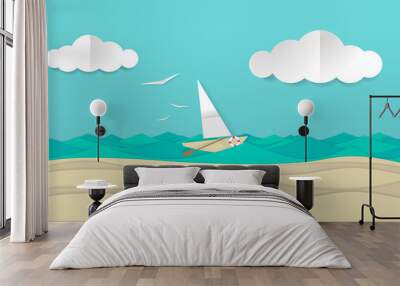 Paper craft art illustration of a sailboat ship sailing the waves. Wall mural