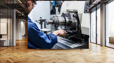 Skilled technician operating a precision lathe in a modern machine shop during daylight hours Wall mural