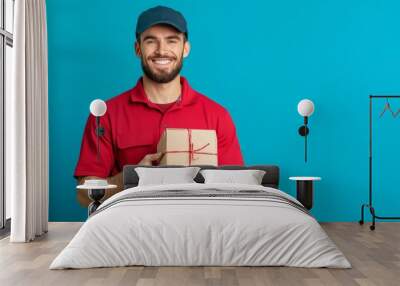 Smiling delivery person holding a package in a red shirt against a bright blue background Wall mural