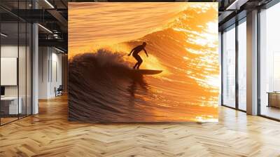 Surfer catching a wave during a vibrant sunset at the beach with shimmering golden reflections on the water Wall mural