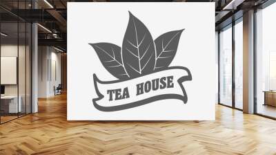 Tea house. Logo, label or badge vector template with two tea leaves Wall mural