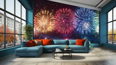 A vivid display of fireworks in the night sky, with each explosion a different color, celebrating the essence of friendship. Wall mural