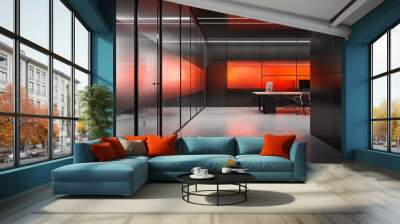 High-tech workspace featuring frosted glass panels with red and orange accents, set against a matte black background. Wall mural